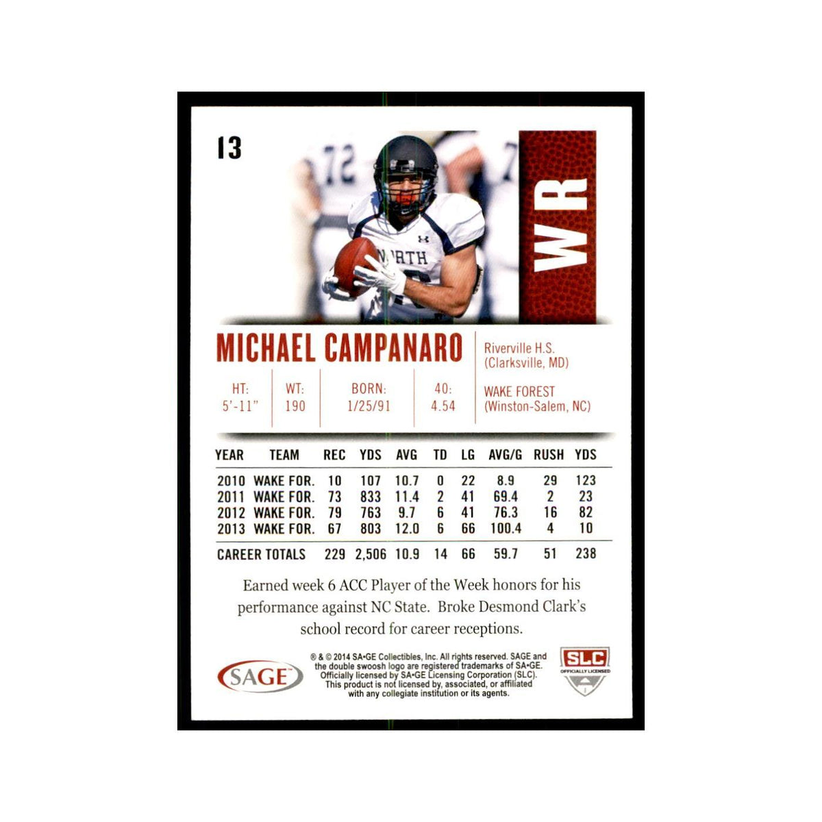Michael Campanaro 2014 SAGE HIT #13 Wake Forest Demon Deacons Football Card NM