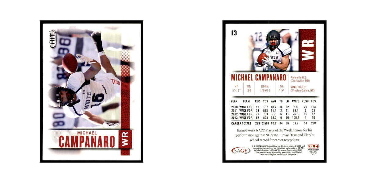 Michael Campanaro 2014 SAGE HIT #13 Wake Forest Demon Deacons Football Card NM