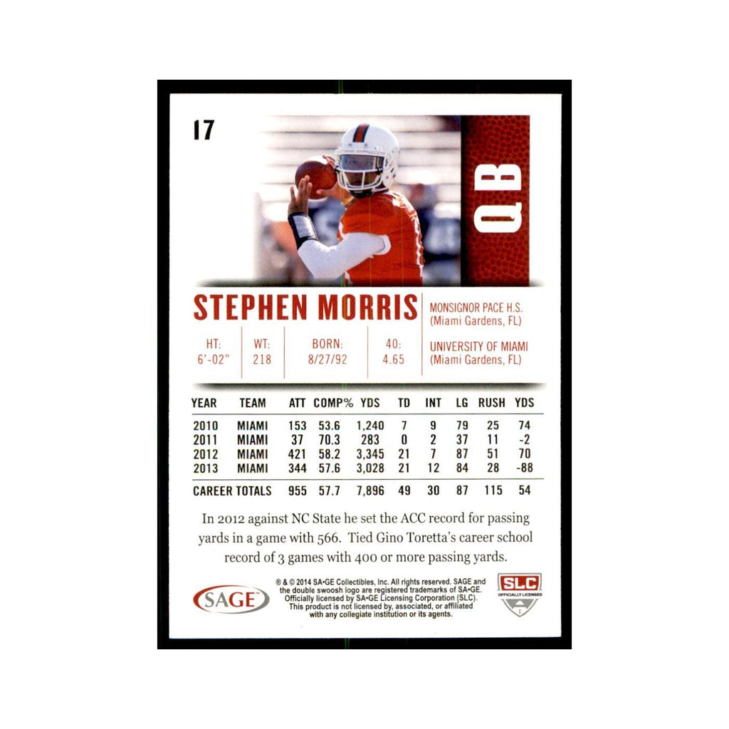 Stephen Morris 2014 SAGE HIT #17 Miami Hurricanes Football Card NM