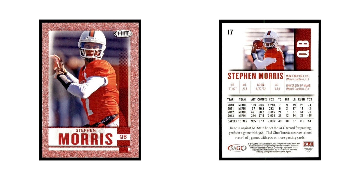 Stephen Morris 2014 SAGE HIT #17 Miami Hurricanes Football Card NM