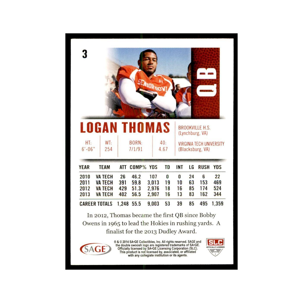 Logan Thomas 2014 SAGE HIT #3 Virginia Tech Hokies Football Card NM