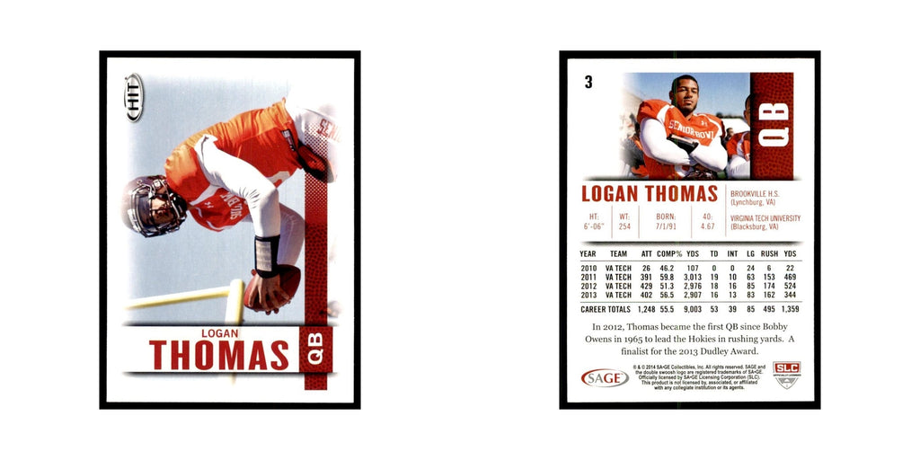Logan Thomas 2014 SAGE HIT #3 Virginia Tech Hokies Football Card NM