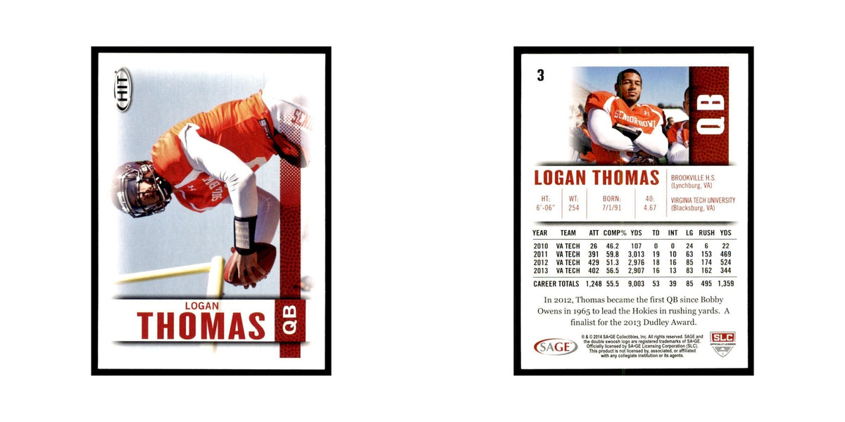 Logan Thomas 2014 SAGE HIT #3 Virginia Tech Hokies Football Card NM