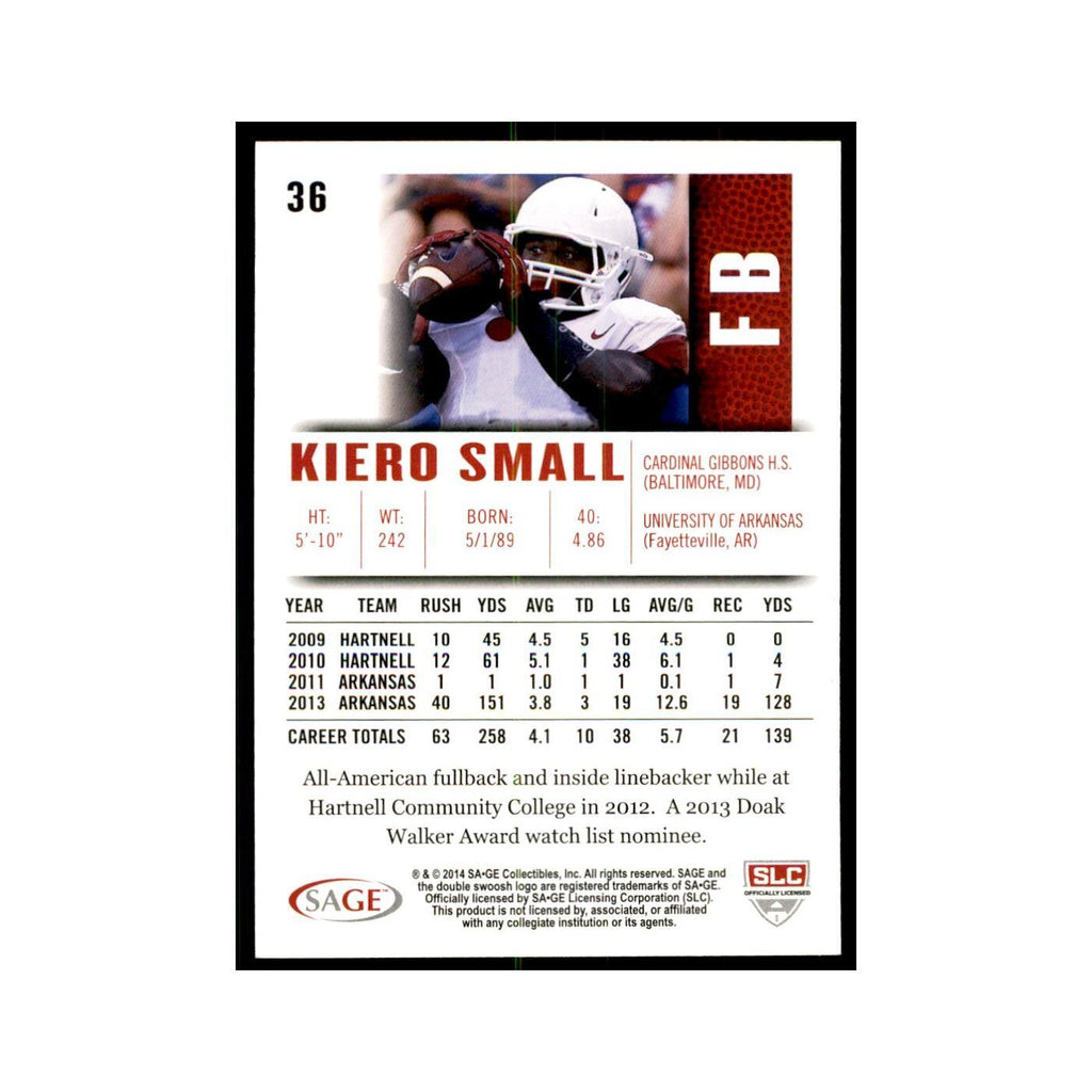Kiero Small 2014 SAGE HIT #36 Arkansas Razorbacks Football Card NM