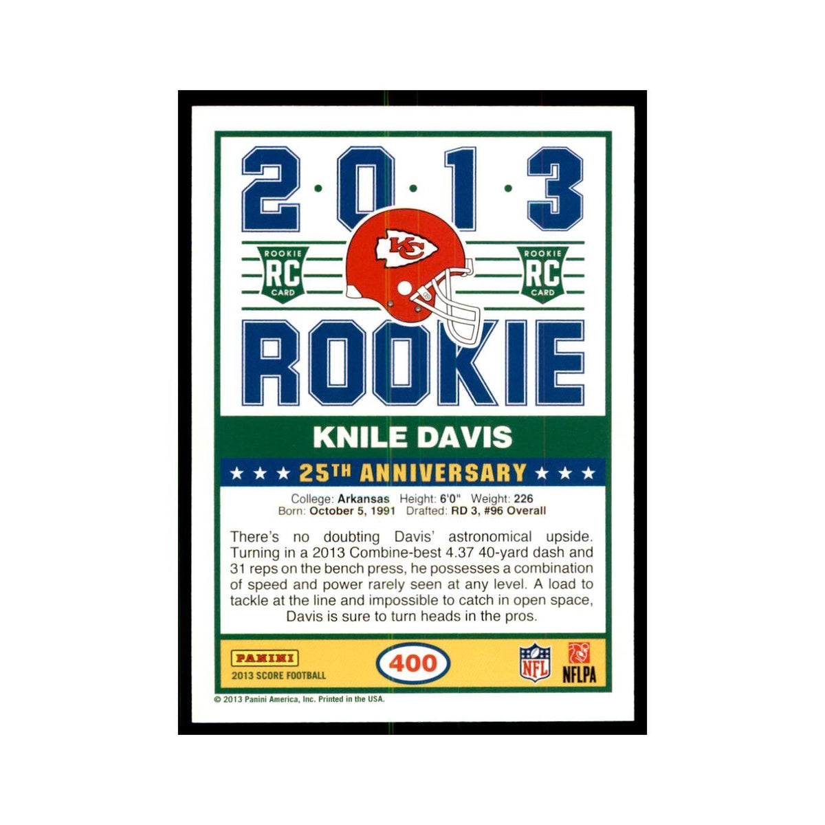 Knile Davis Rookie 2013 Score #400 Kansas City Chiefs Football Card NM