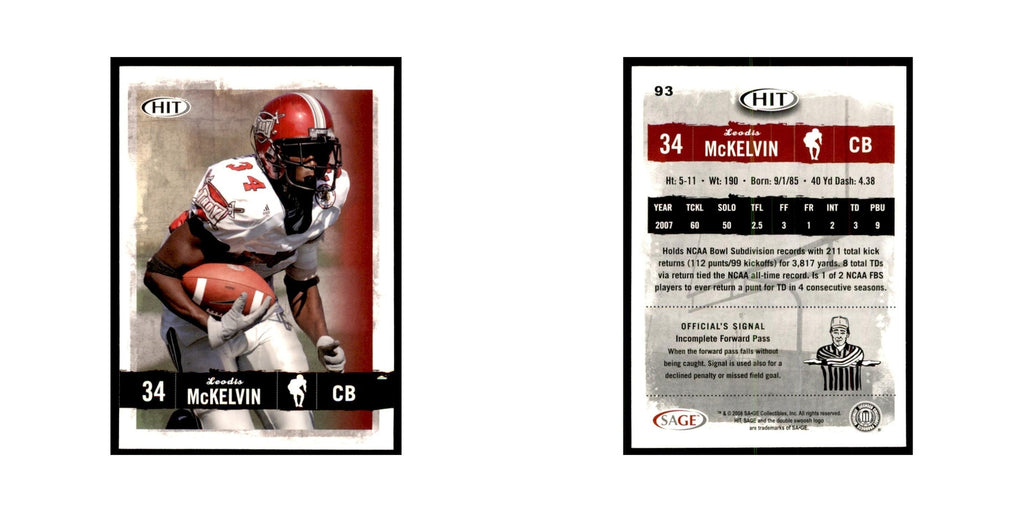 Leodis McKelvin 2008 SAGE HIT #93 Troy Trojans Football Card NM
