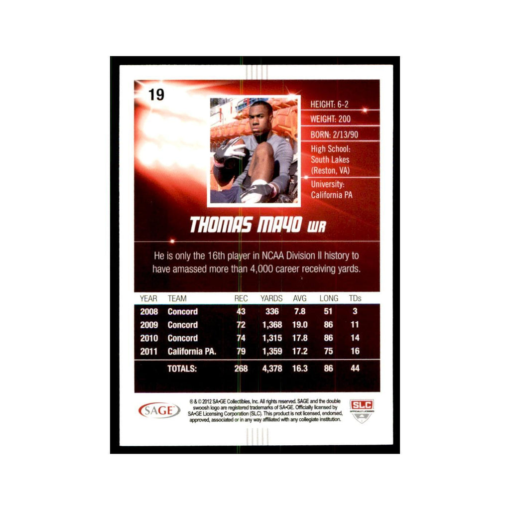 Thomas Mayo 2012 SAGE HIT #19 California PA Vulcans Football Card NM