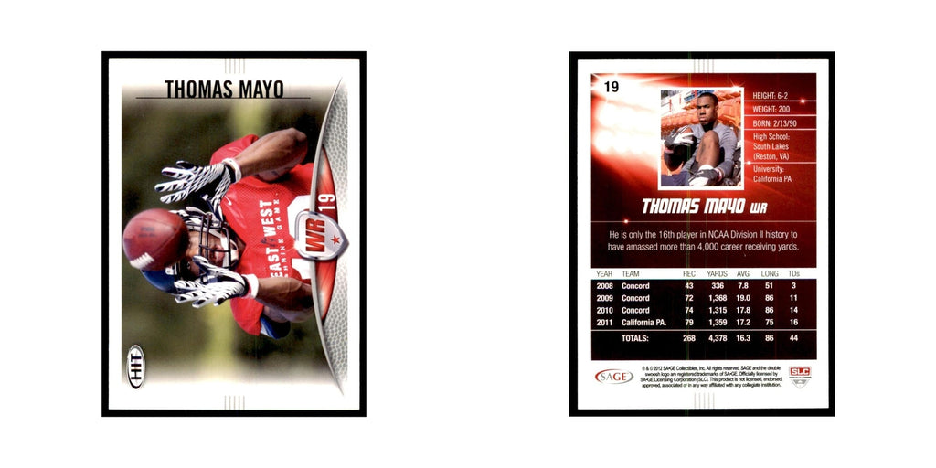 Thomas Mayo 2012 SAGE HIT #19 California PA Vulcans Football Card NM