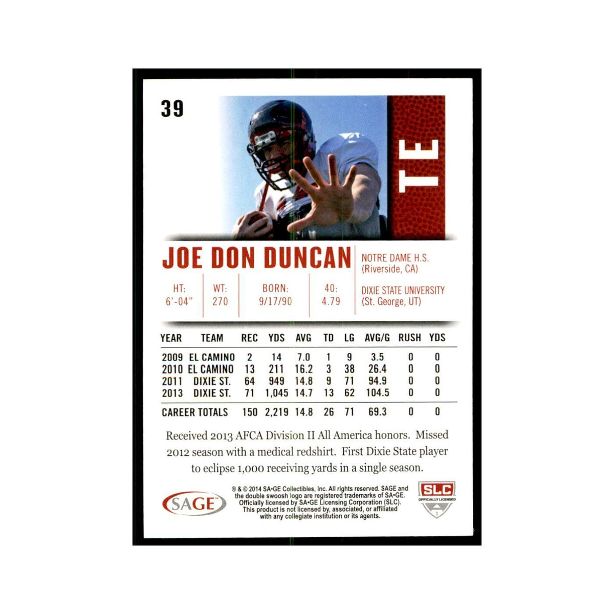 Joe Don Duncan 2014 SAGE HIT #39 Dixie State Storm Football Card NM