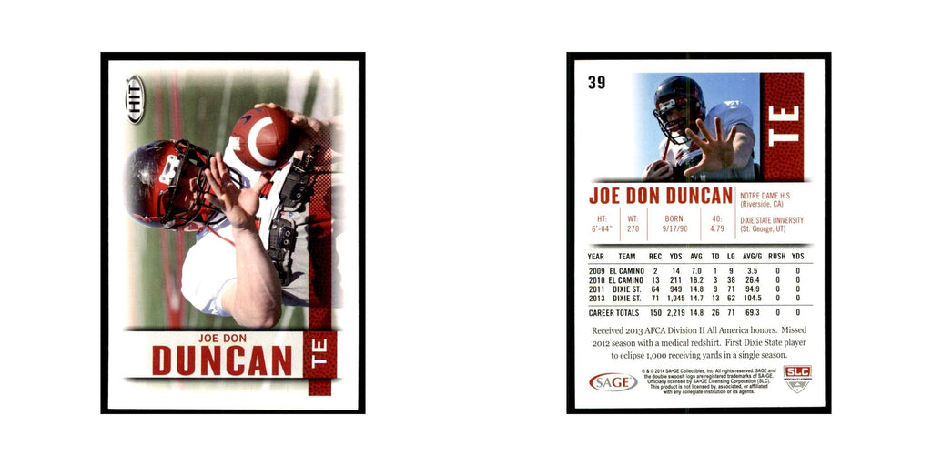 Joe Don Duncan 2014 SAGE HIT #39 Dixie State Storm Football Card NM