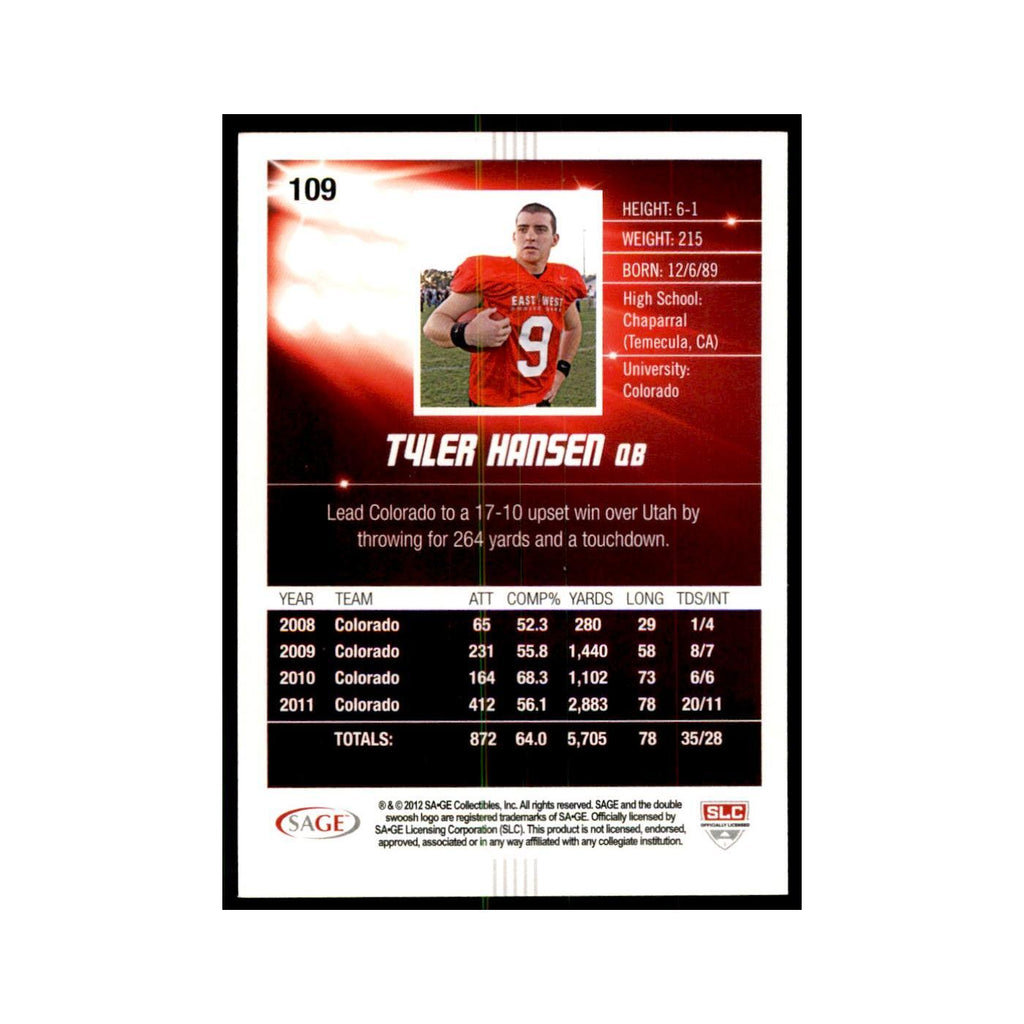 Tyler Hansen 2012 SAGE HIT #109 Colorado Buffaloes Football Card NM