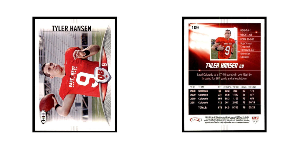 Tyler Hansen 2012 SAGE HIT #109 Colorado Buffaloes Football Card NM