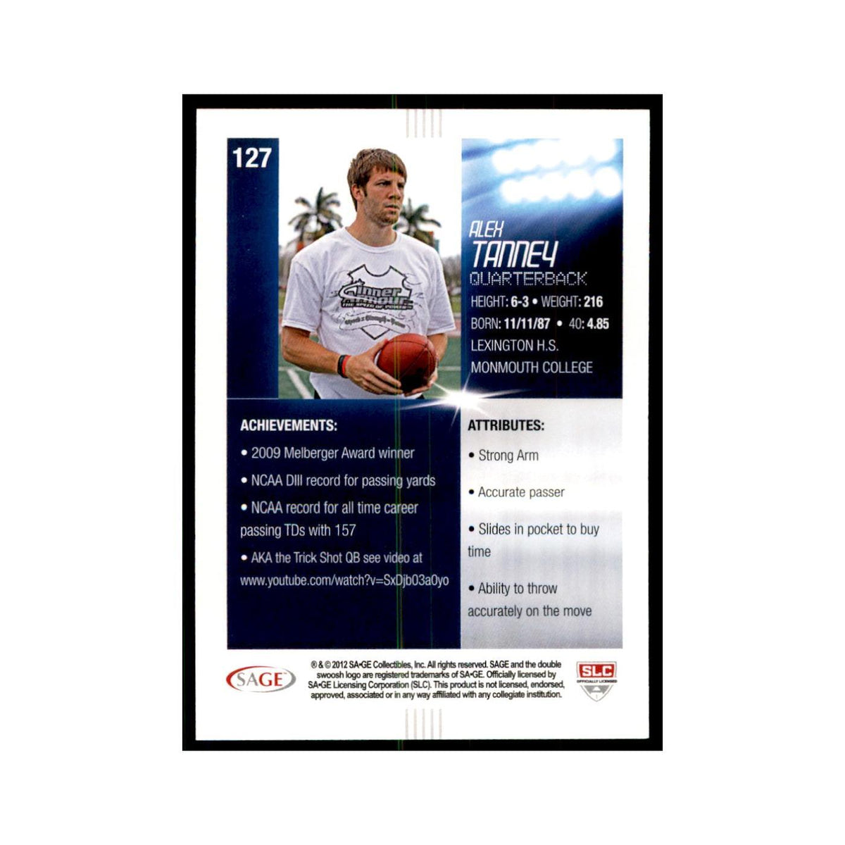Alex Tanney Rookie 2012 SAGE HIT #127 Monmouth Hawks Football Card NM