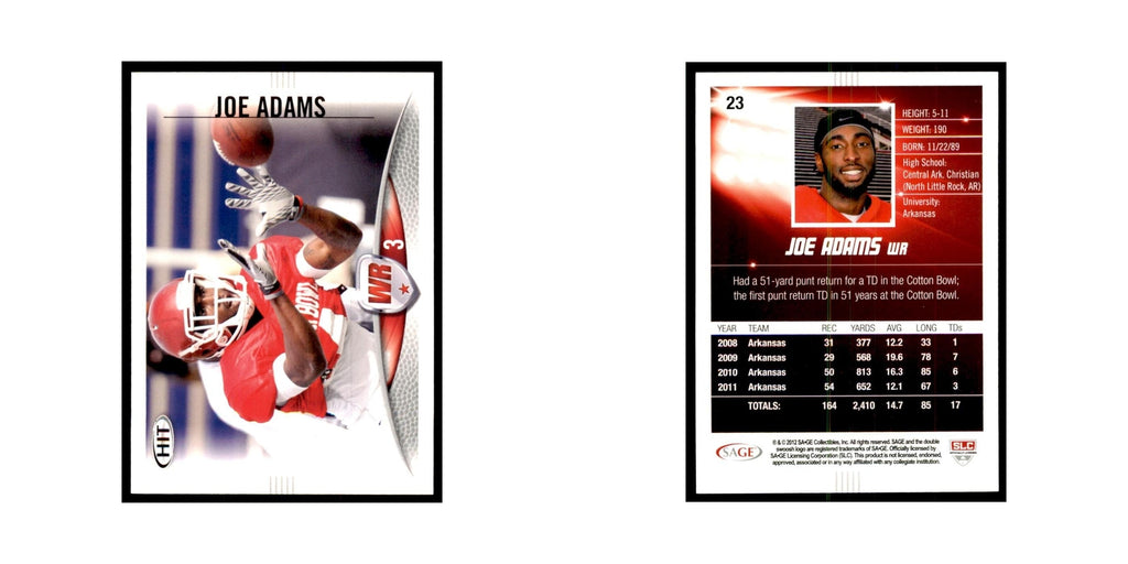 Joe Adams 2012 SAGE HIT #23 Arkansas Razorbacks Football Card NM