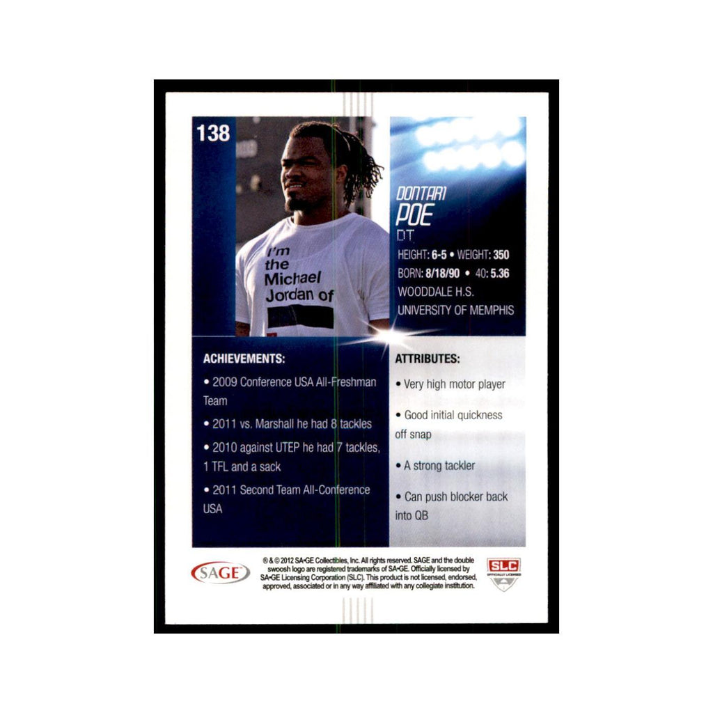 Dontari Poe Rookie 2012 SAGE HIT #138 Memphis Tigers Football Card NM