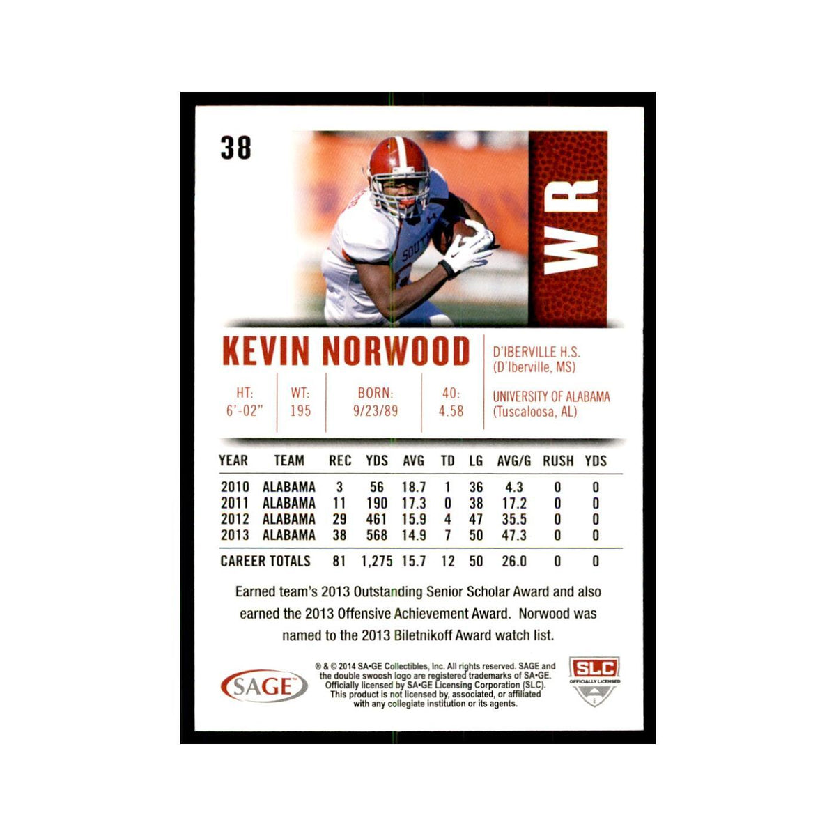 Kevin Norwood 2014 SAGE HIT #38 Alabama Crimson Tide Football Card NM