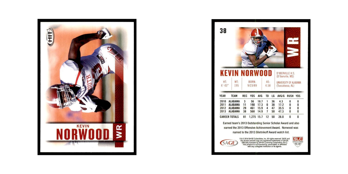 Kevin Norwood 2014 SAGE HIT #38 Alabama Crimson Tide Football Card NM