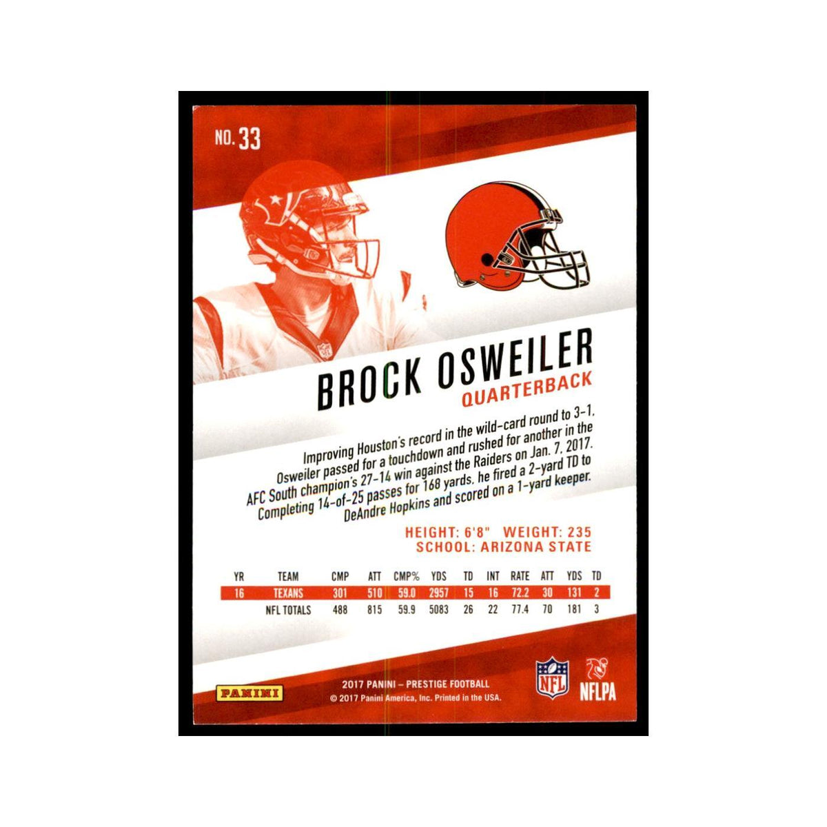 Brock Osweiler 2017 Panini Prestige #33 Cleveland Browns Football Card NM