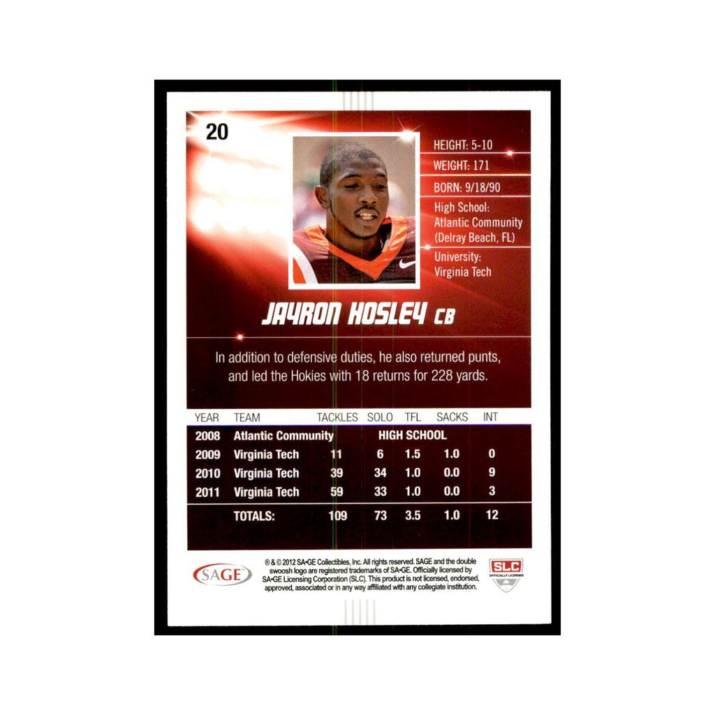 Jayron Hosley 2012 SAGE HIT #20 Virginia Tech Hokies Football Card NM