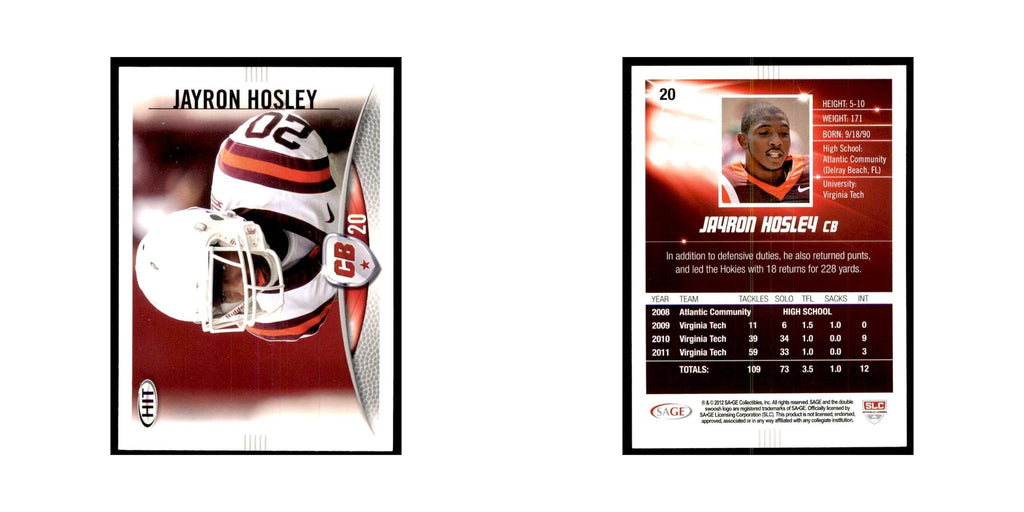 Jayron Hosley 2012 SAGE HIT #20 Virginia Tech Hokies Football Card NM