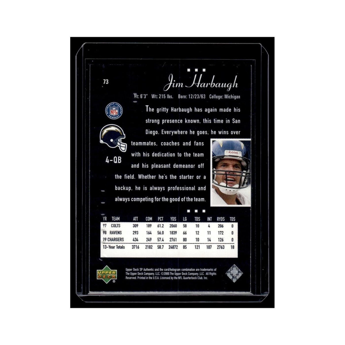 Jim Harbaugh 2000 SP Authentic #73 San Diego Chargers Football Card NM