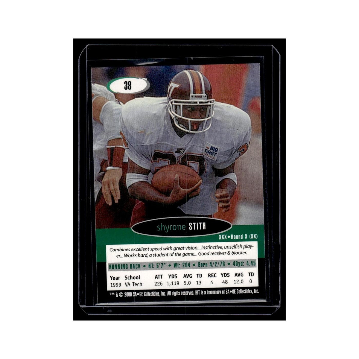 Shyrone Stith 2000 SAGE HIT #38 Virginia Tech Hokies Football Card NM