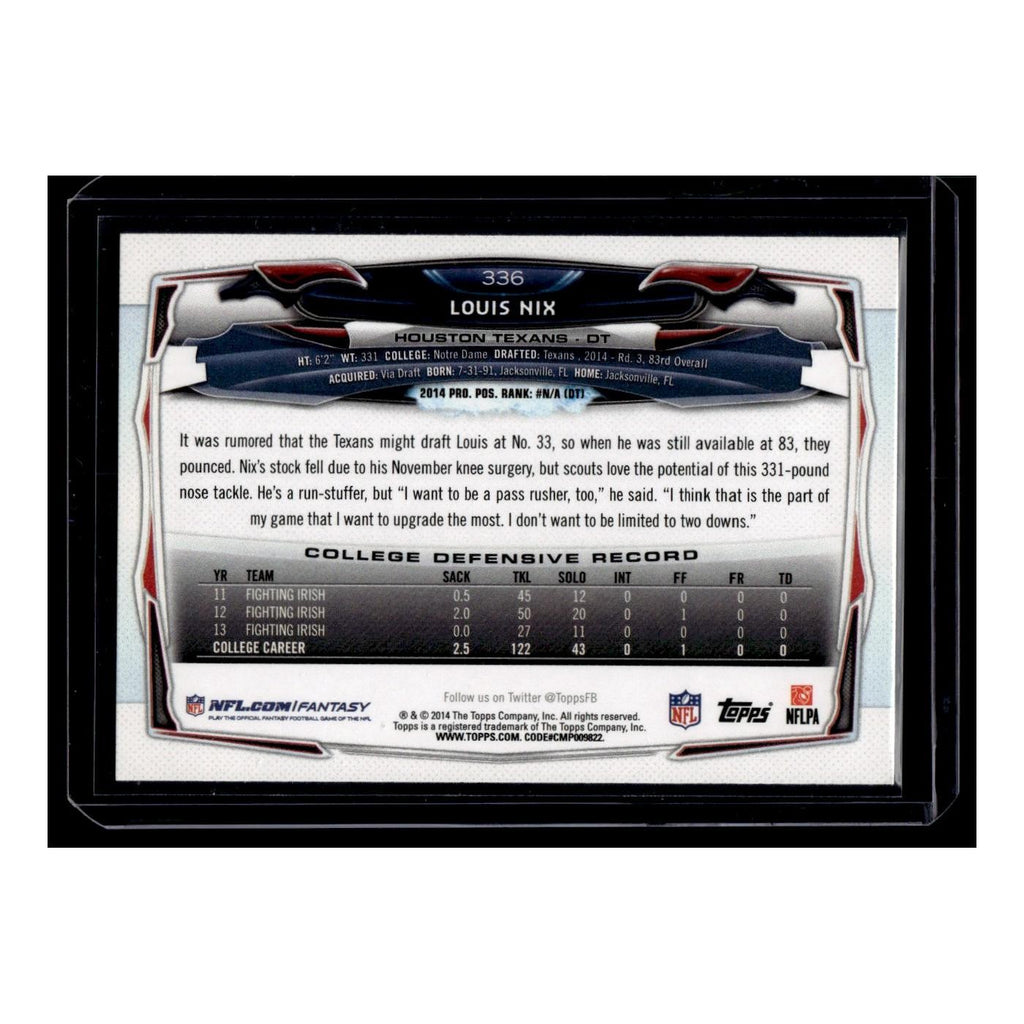 Louis Nix Rookie 2014 Topps #336 Houston Texans Football Card NM