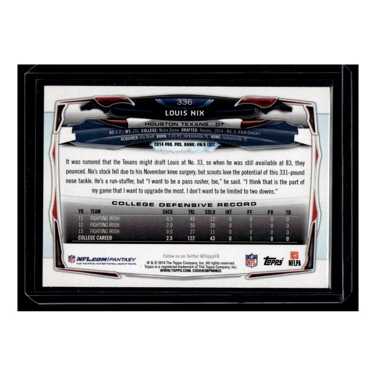 Louis Nix Rookie 2014 Topps #336 Houston Texans Football Card NM