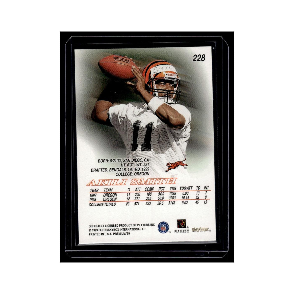 Akili Smith 1999 SkyBox Premium #228 Cincinnati Bengals Football Card NM