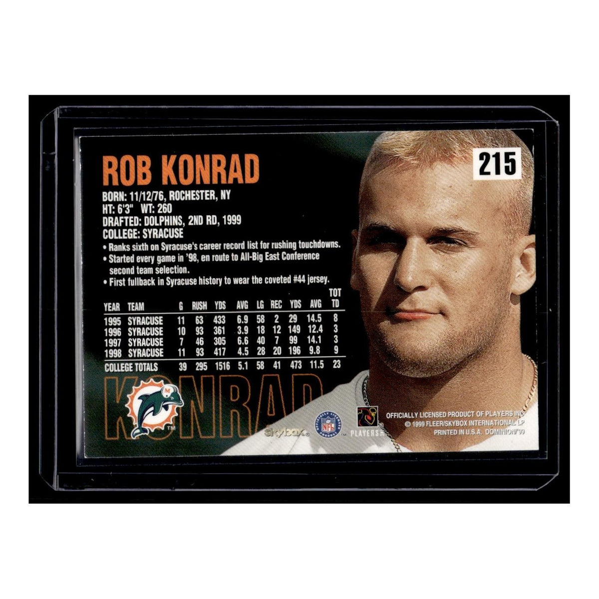 Rob Konrad 1999 Skybox Dominion #215 Miami Dolphins Football Card NM