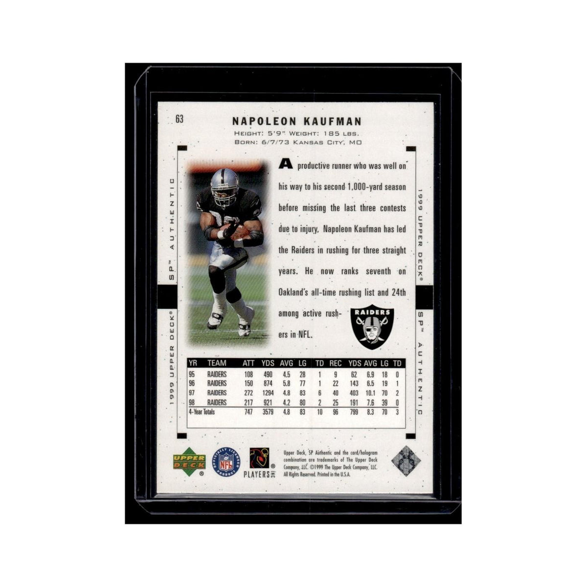 Napoleon Kaufman 1999 SP Authentic #63 Oakland Raiders Football Card NM
