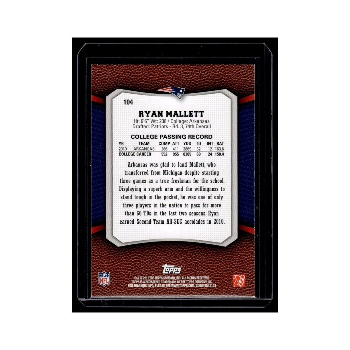 Ryan Mallett 2011 Topps Rising Rookies #104 New England Patriots NM