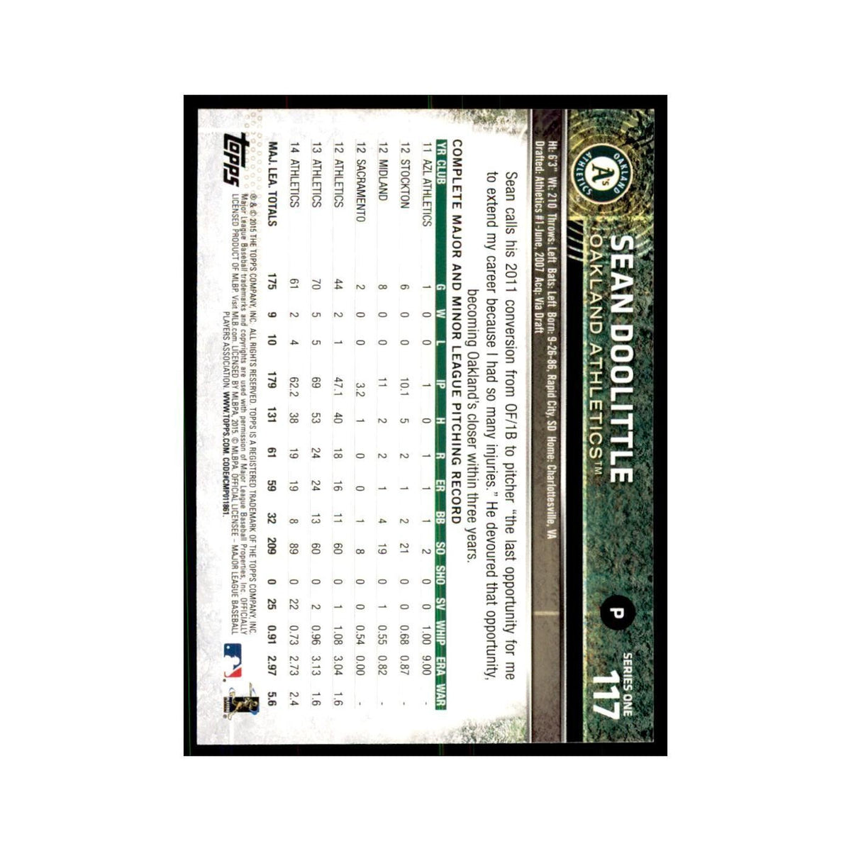 Sean Doolittle 2015 Topps #117 Baseball Cards Baseball Card NM