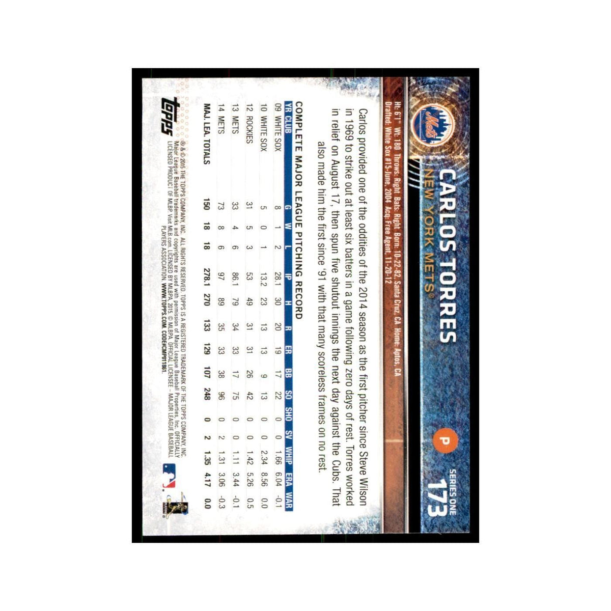 Carlos Torres 2015 Topps #173 Baseball Cards Baseball Card NM