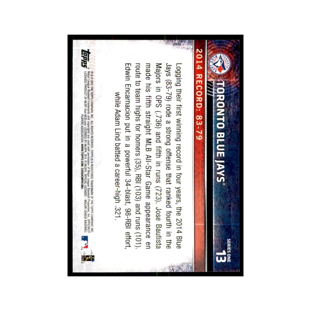 Toronto Blue Jays 2015 Topps #13 Baseball Cards Baseball Card NM