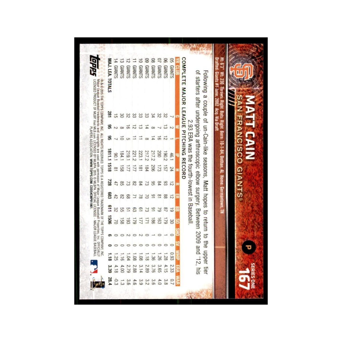 Matt Cain 2015 Topps #167 Baseball Cards Baseball Card NM