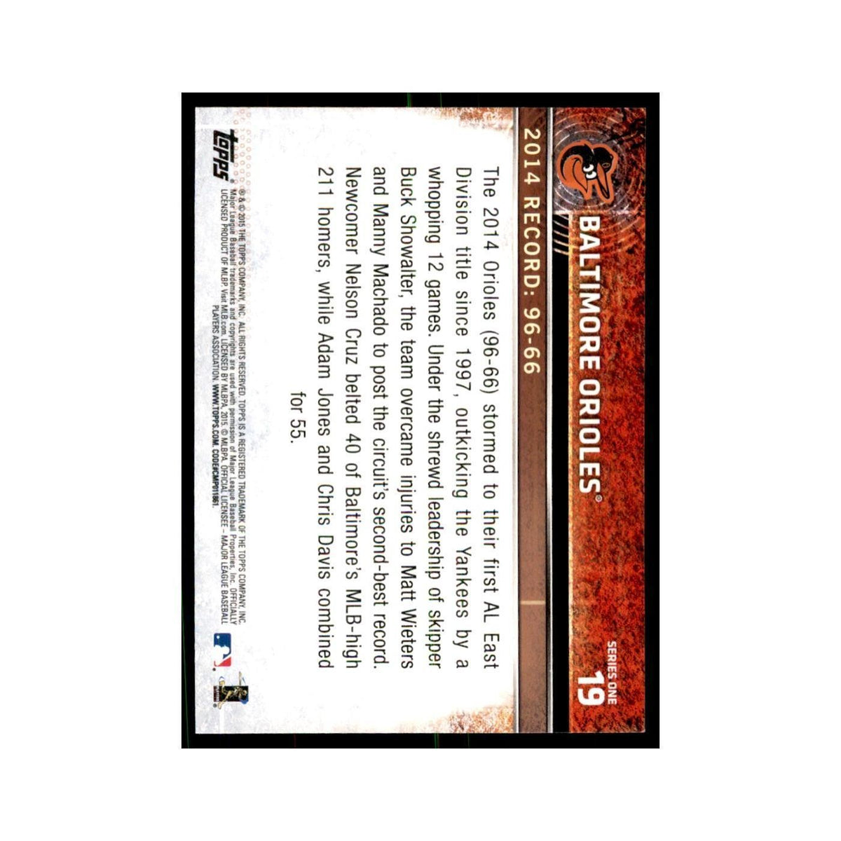 Baltimore Orioles 2015 Topps #19 Baseball Cards Baseball Card NM