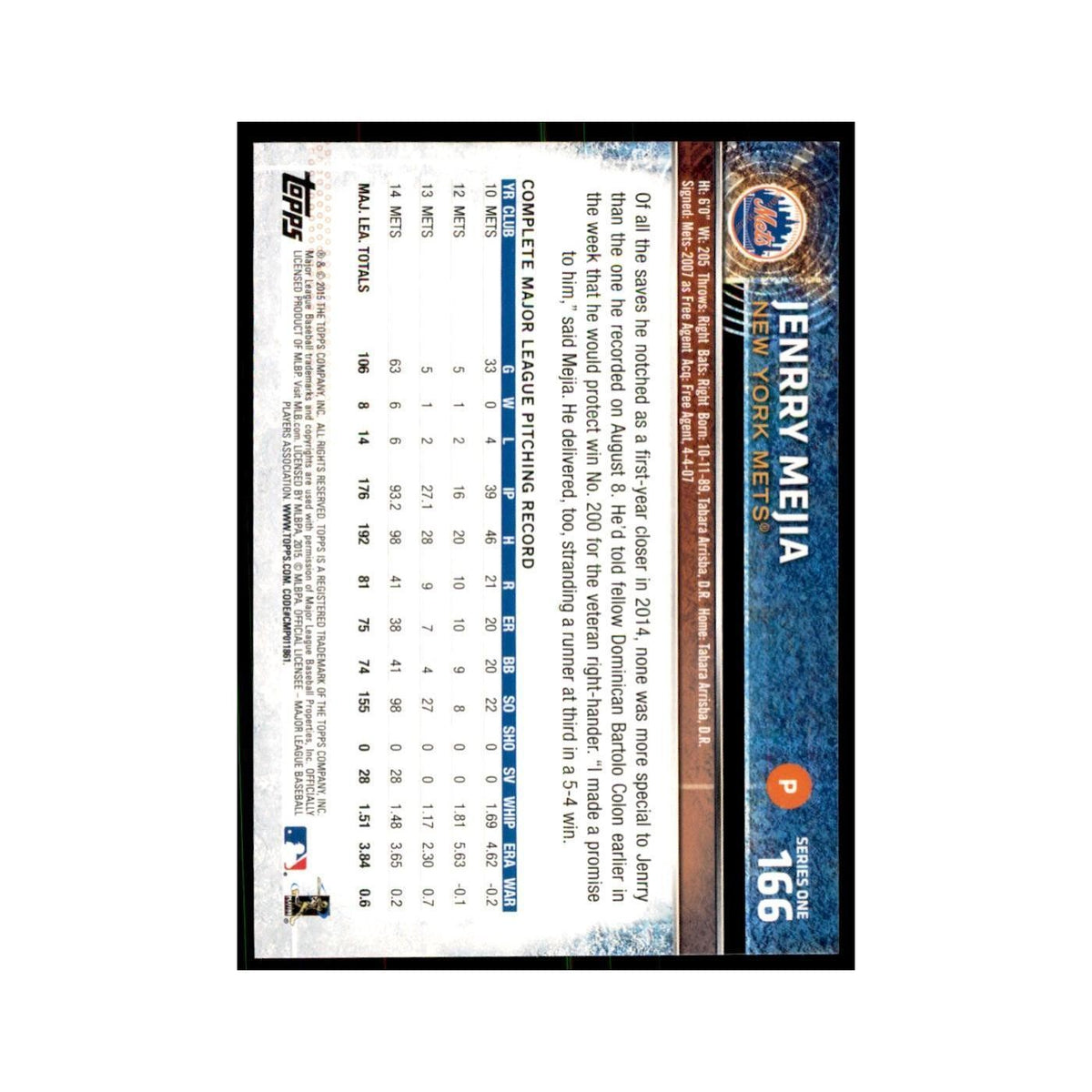 Jenrry Mejia 2015 Topps #166 Baseball Cards Baseball Card NM