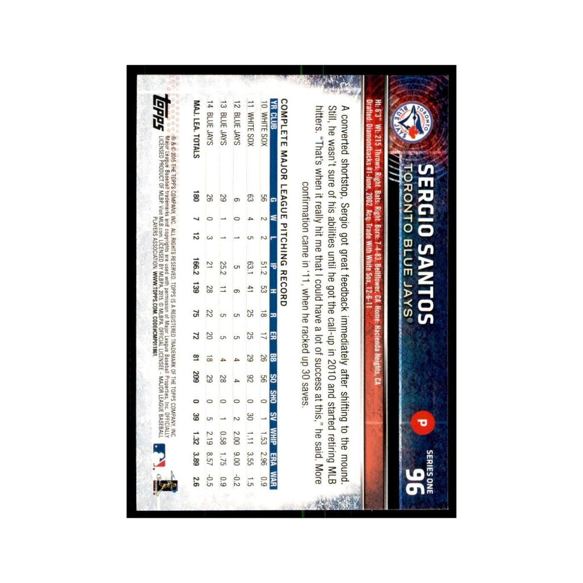 Sergio Santos 2015 Topps #96 Baseball Cards Baseball Card NM