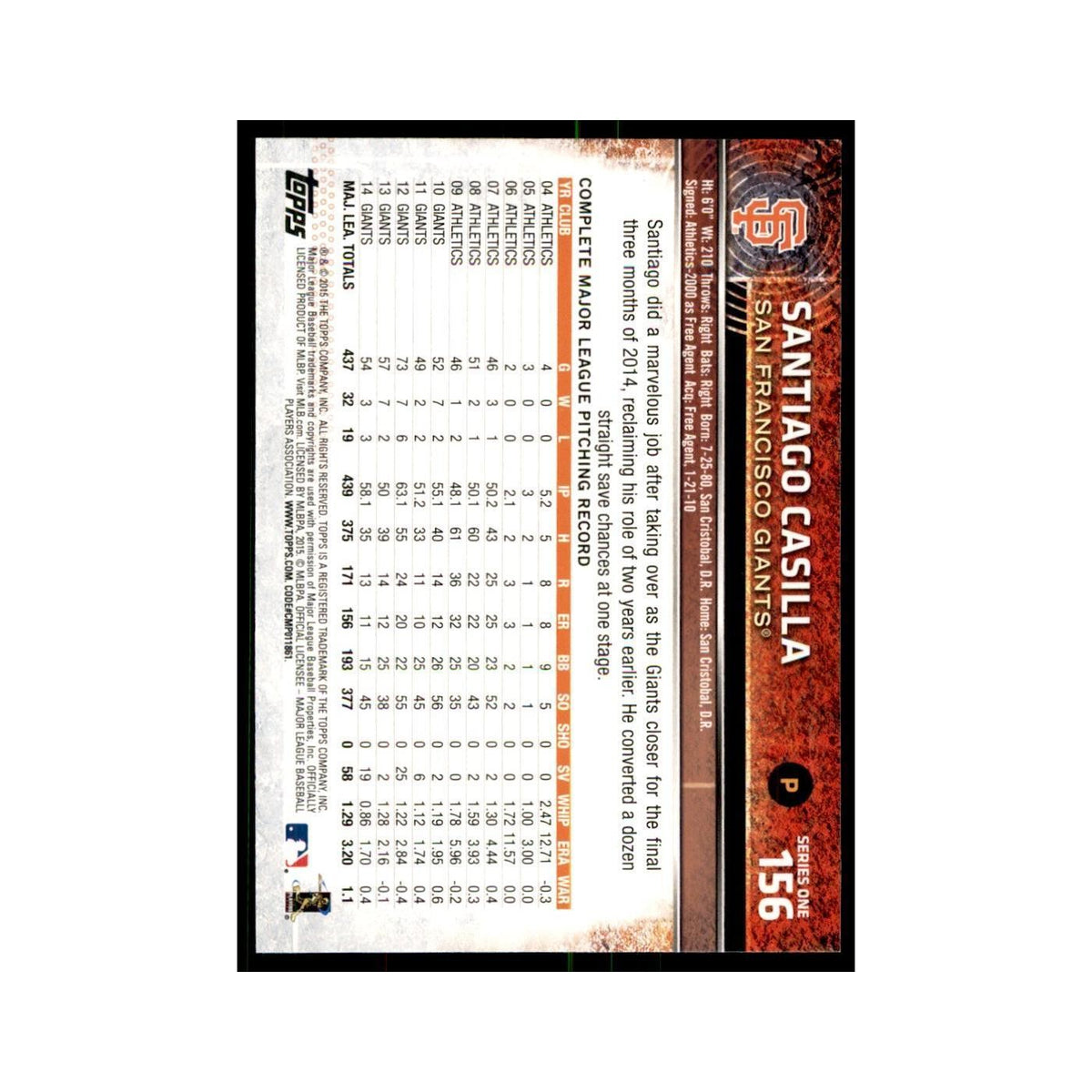Santiago Casilla 2015 Topps #156 Baseball Cards Baseball Card NM