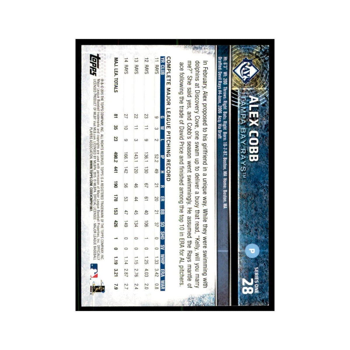 Alex Cobb 2015 Topps #28 Baseball Cards Baseball Card NM