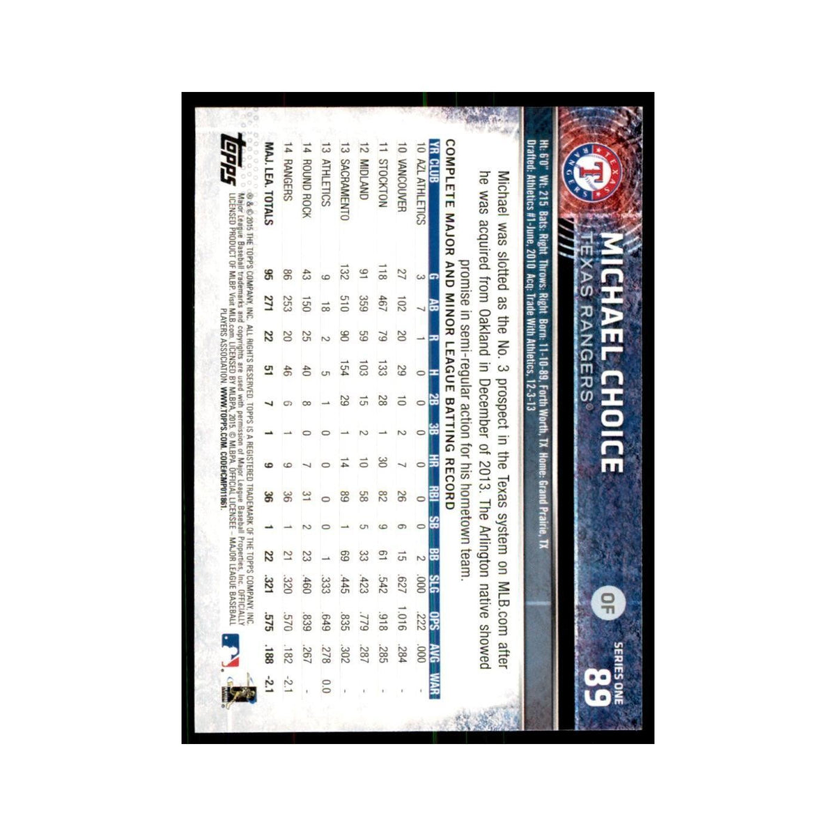 Michael Choice 2015 Topps #89 Baseball Cards Baseball Card NM