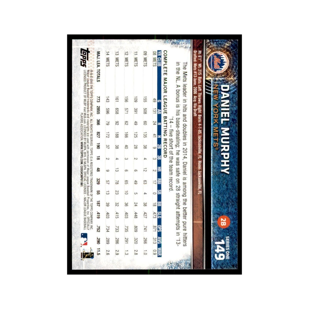 Daniel Murphy 2015 Topps #149 Baseball Cards Baseball Card NM