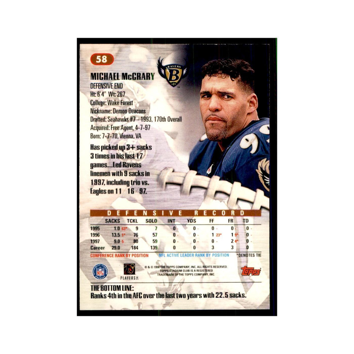 Michael McCrary 1998 Stadium Club #58 Football Cards Football Card NM