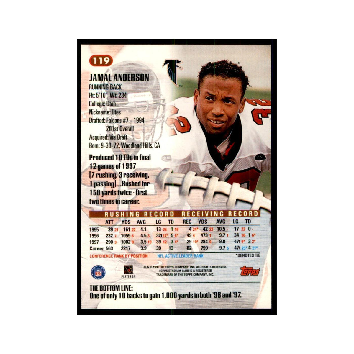 Jamal Anderson 1998 Stadium Club #119 Football Cards Football Card NM