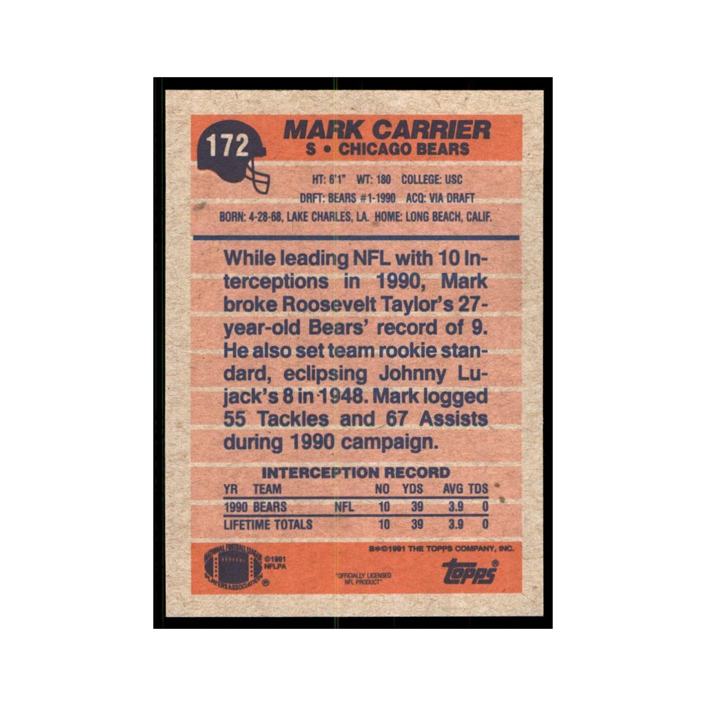 Mark Carrier 1991 Topps #172 Chicago Bears Football Card NM