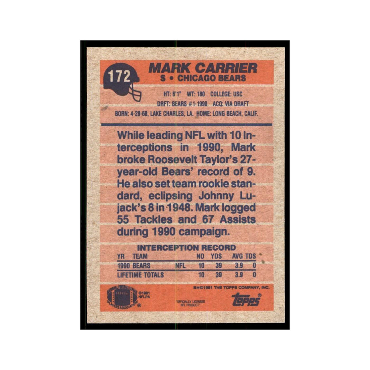 Mark Carrier 1991 Topps #172 Chicago Bears Football Card NM