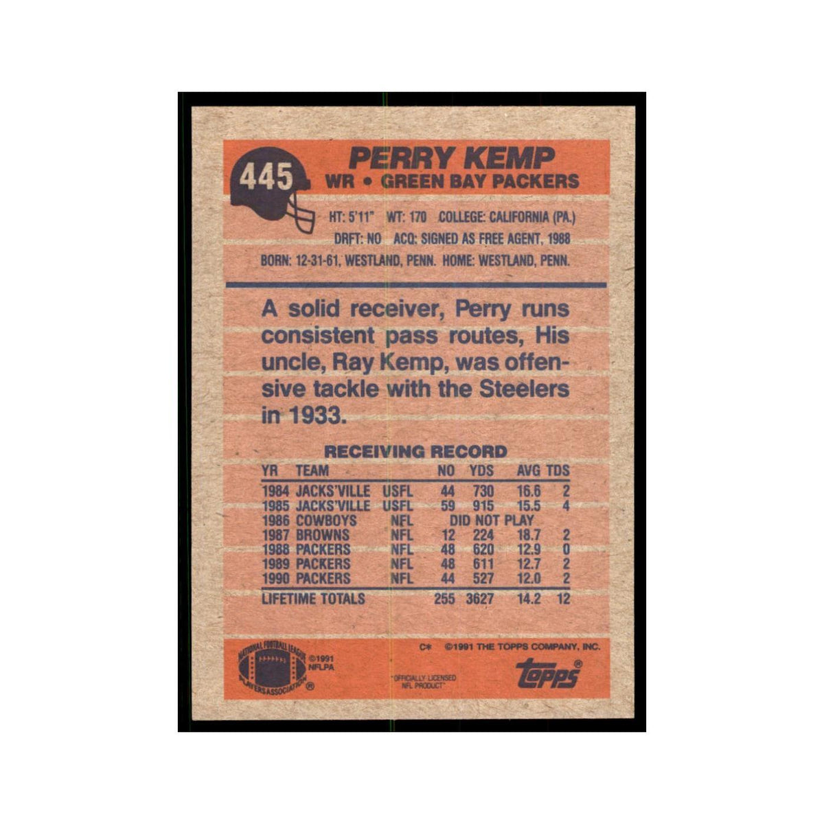 Perry Kemp 1991 Topps #445 Green Bay Packers Football Card NM