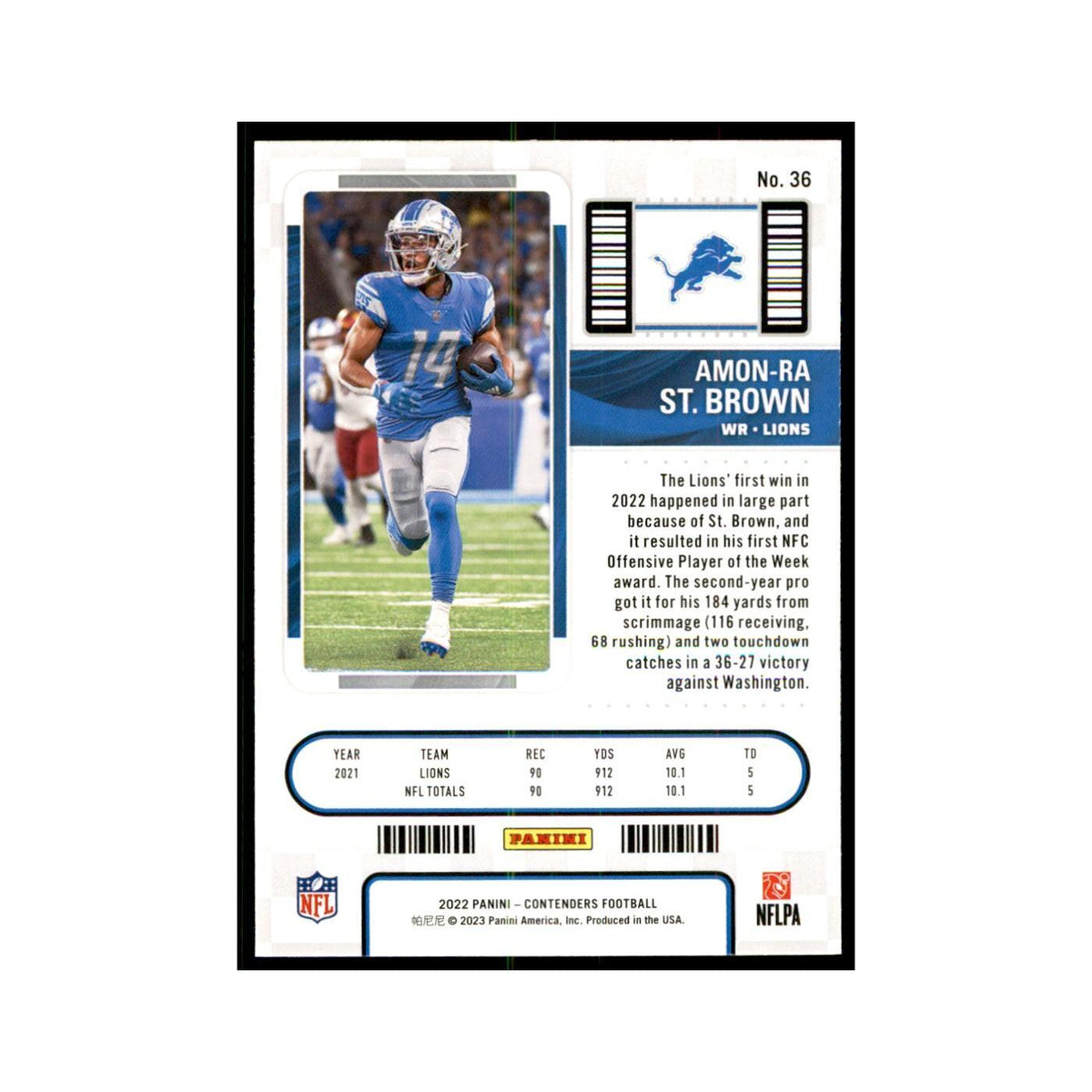 Amon-Ra St. Brown 2022 Panini Contenders #36 Detroit Lions Football Card NM
