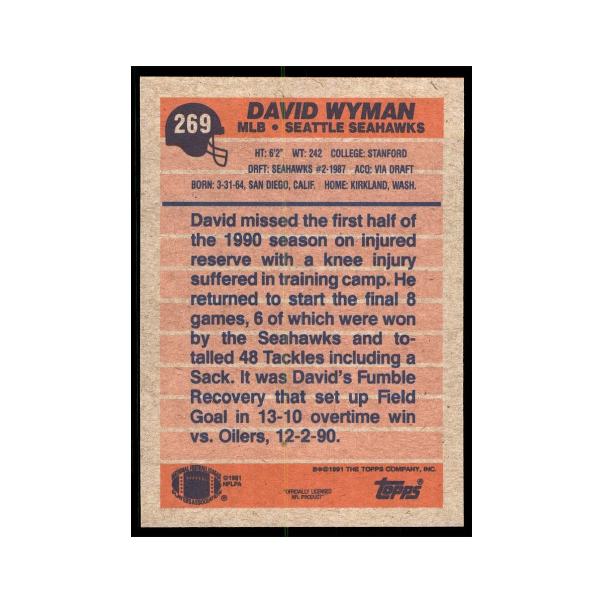 David Wyman 1991 Topps #269 Seattle Seahawks Football Card NM